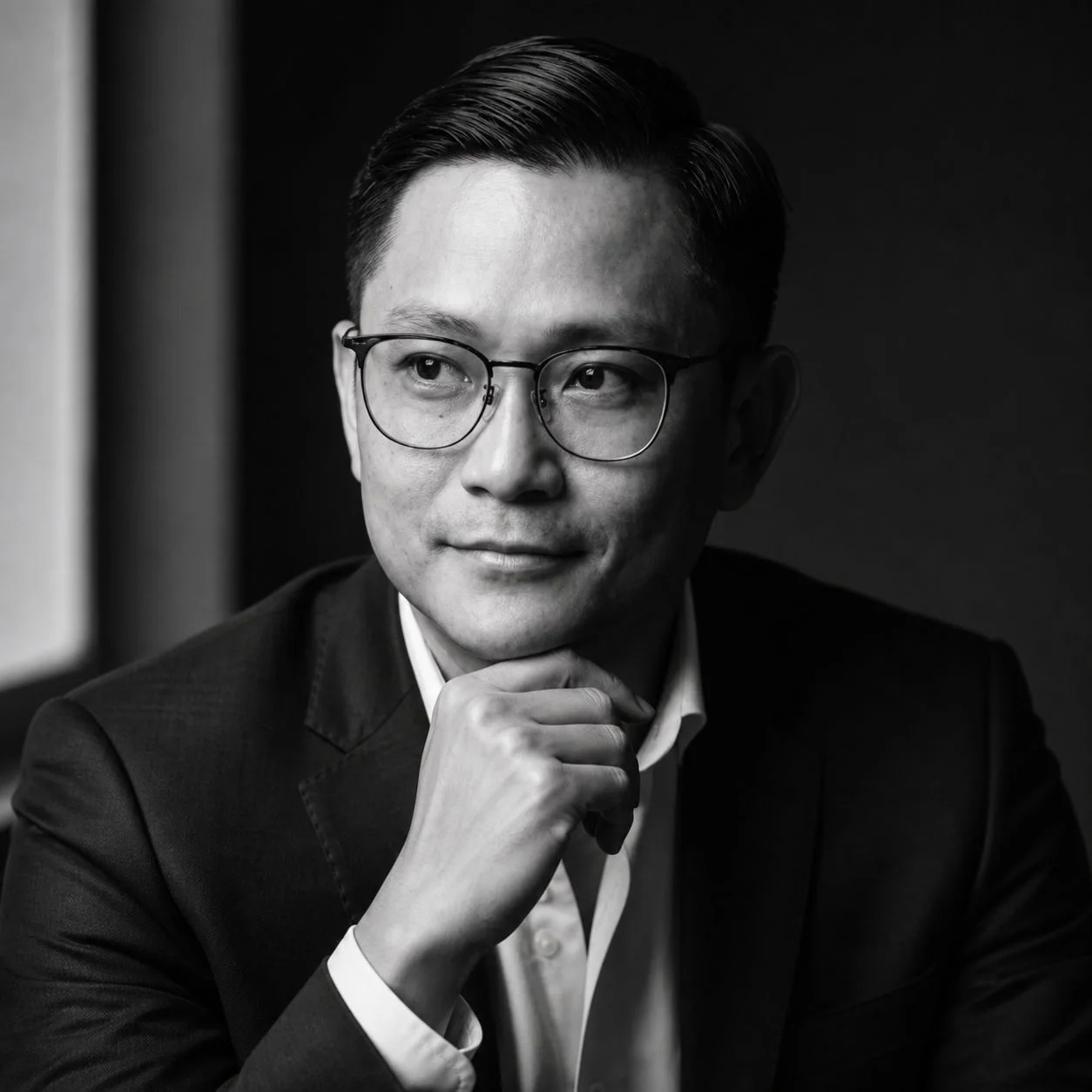 Ziqian, hand at chin, black and white editorial portrait
